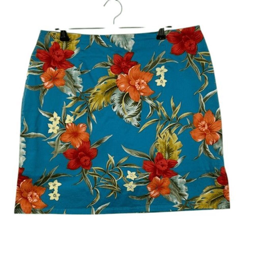 Caribbean Joe Stretch Skort Tropical Aqua Blue Floral Print Back Zip Size 10